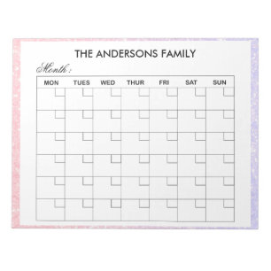 Family Name Elegant Monthly Calendar Planner Notepad