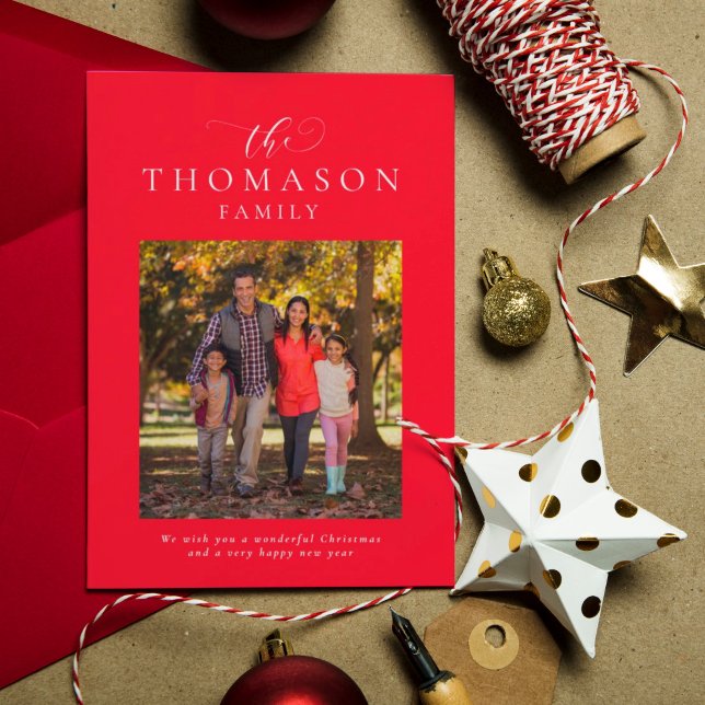 Family name elegant red one-photo Christmas Holiday Card (Creator Uploaded)
