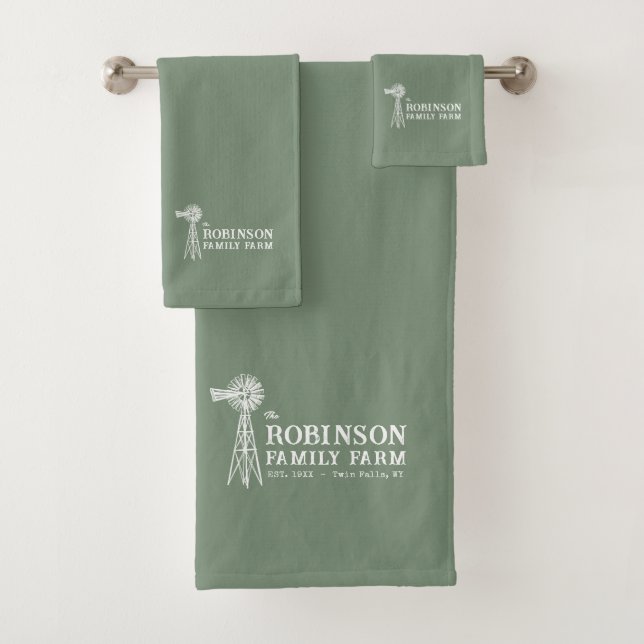 Family Name Farm Rustic Windmill Sage Green Bath Towel Set (Insitu)