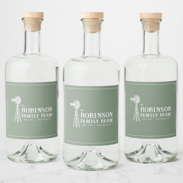 Family Name Farm Rustic Windmill Sage Green Liquor Bottle Label (Bottles)