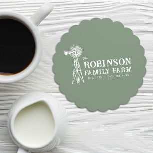 Family Name Farm Rustic Windmill Sage Green Paper Coaster