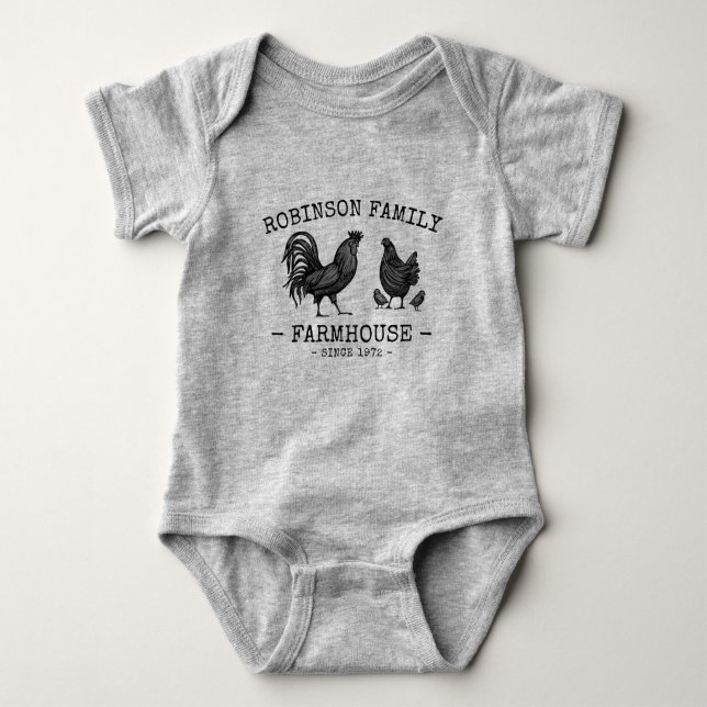 Family Name Farmhouse Hen Chicks Rooster Baby Bodysuit (Front)