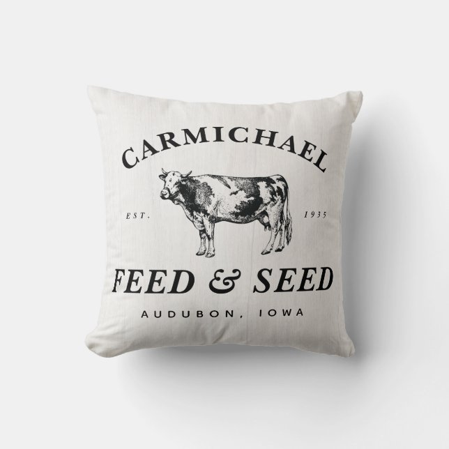 Family Name Farmhouse Style Feed & Seed Pillow (Front)
