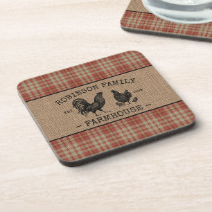 Family Name Farmhouse Vintage Red Plaid Burlap Coaster