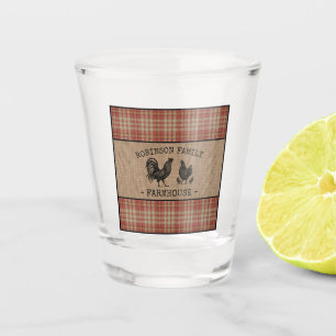 Family Name Farmhouse Vintage Red Plaid Burlap Shot Glass