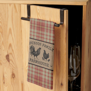 Family Name Farmhouse Vintage Red Plaid Burlap Tea Towel