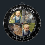 Family Name Four Photo Game Room Dartboard<br><div class="desc">Coloured background with custom name and four photo option in the centre of the board. Other colours available in the shop.</div>