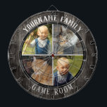 Family Name Four Photo Game Room Dartboard<br><div class="desc">Coloured background with custom name and four photo option in the centre of the board. Other colours available in the shop. Faux wood texture.</div>