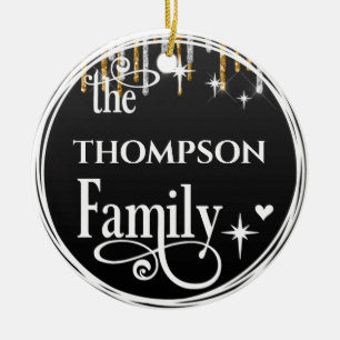 Family Name Gold Glitter Drips Black Christmas Ceramic Ornament