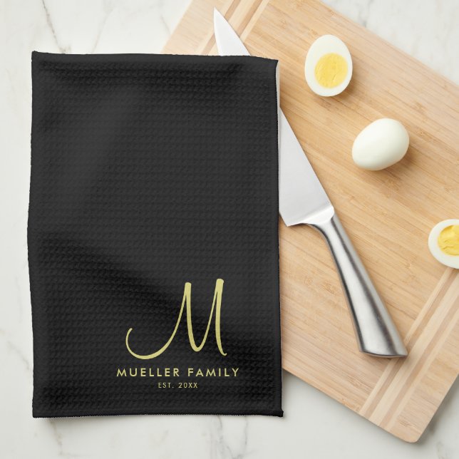 Family Name Gold Monogram Black Personalised Tea Towel (Quarter Fold)