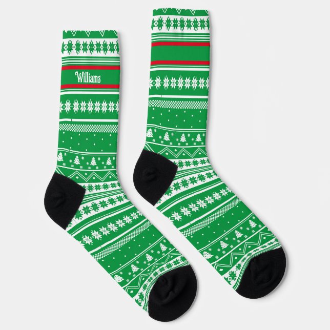 Family Name Green Nordic Sweater Christmas Pattern Socks (Right)