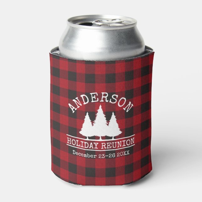 Family Name Holiday Reunion Pines Red Plaid Can Cooler (Can Front)