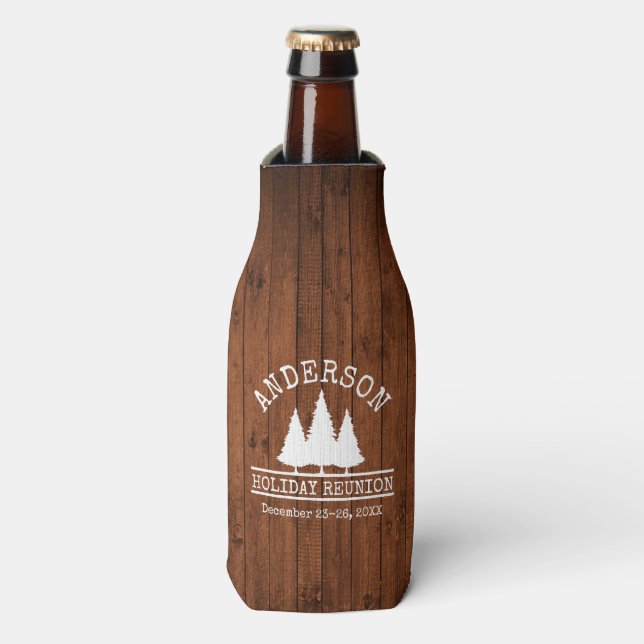 Family Name Holiday Reunion Rustic Wood Pines Bottle Cooler (Bottle Front)
