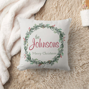 Family Name Holly Wreath Merry Christmas Cushion
