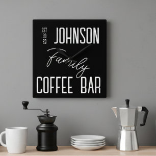 Family Name Kitchen Black White Square Wall Clock