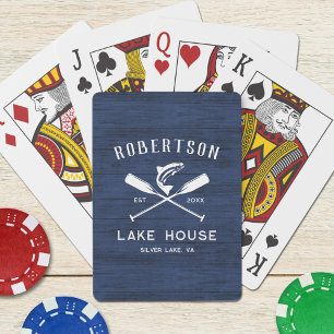 Family Name Lake House Blue Rustic Wood Playing Cards