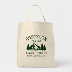 Family Name Lake House Forest Green Silhouette Tote Bag