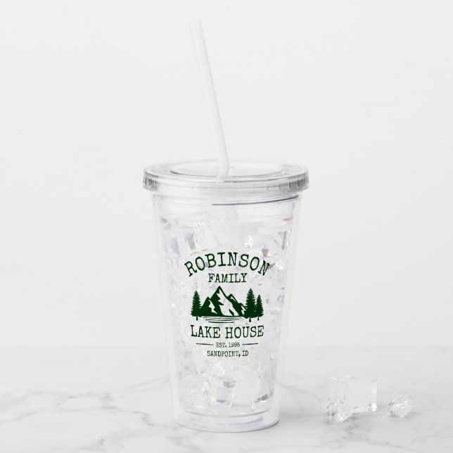 Family Name Lake House Forest Green Trees Acrylic Tumbler (Front Ice)