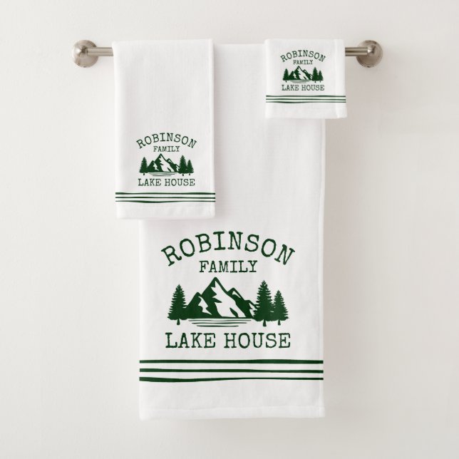 Family Name Lake House Forest Green Trees Bath Towel Set (Insitu)