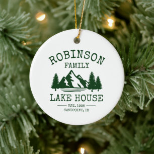 Family Name Lake House Forest Green Trees Ceramic Ornament