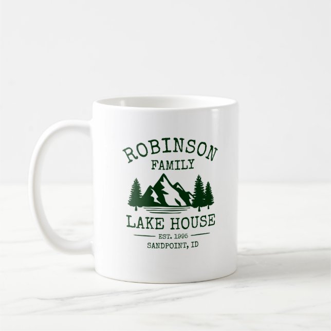 Family Name Lake House Forest Green Trees Coffee Mug (Left)