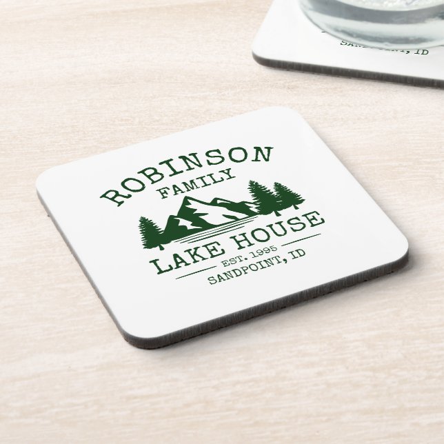 Family Name Lake House Forest Green Trees Corked Coaster (Left Side)