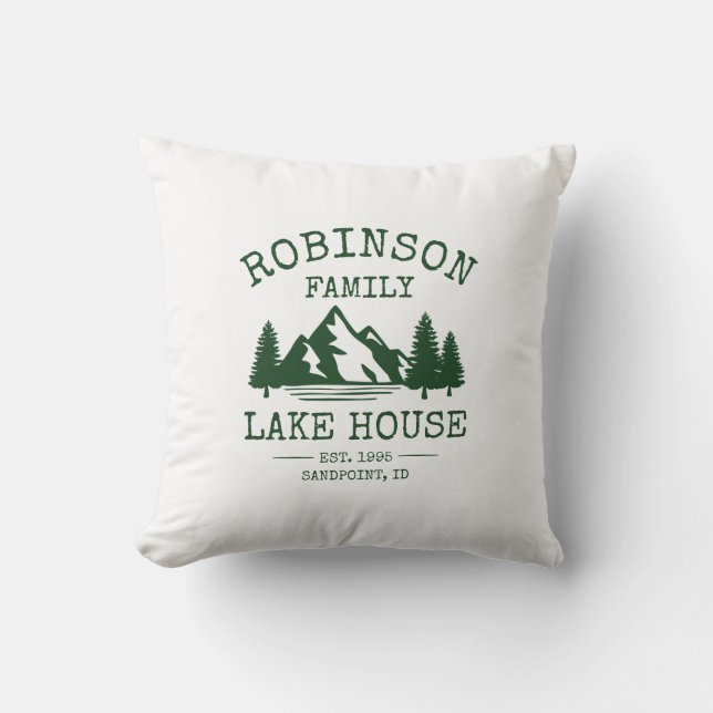 Family Name Lake House Forest Green Trees Cushion (Front)