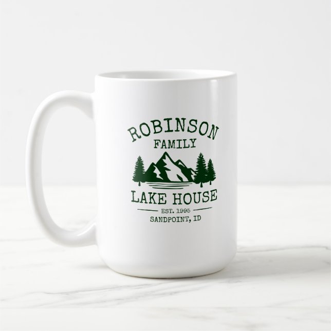 Family Name Lake House Forest Green Trees Large Coffee Mug (Left)