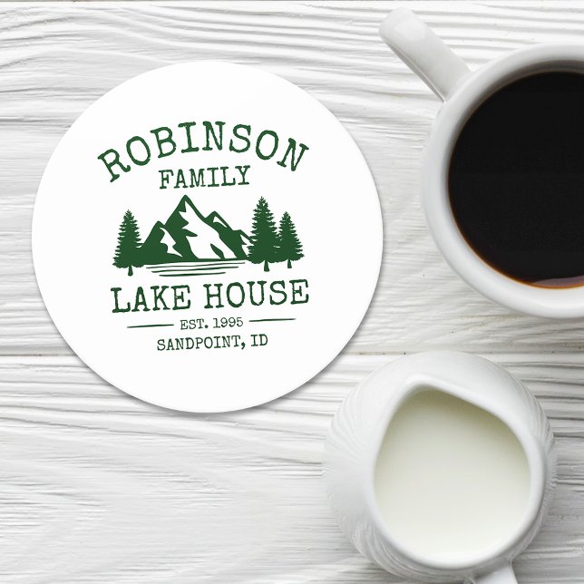 Family Name Lake House Forest Green Trees Round Paper Coaster (Creator Uploaded)