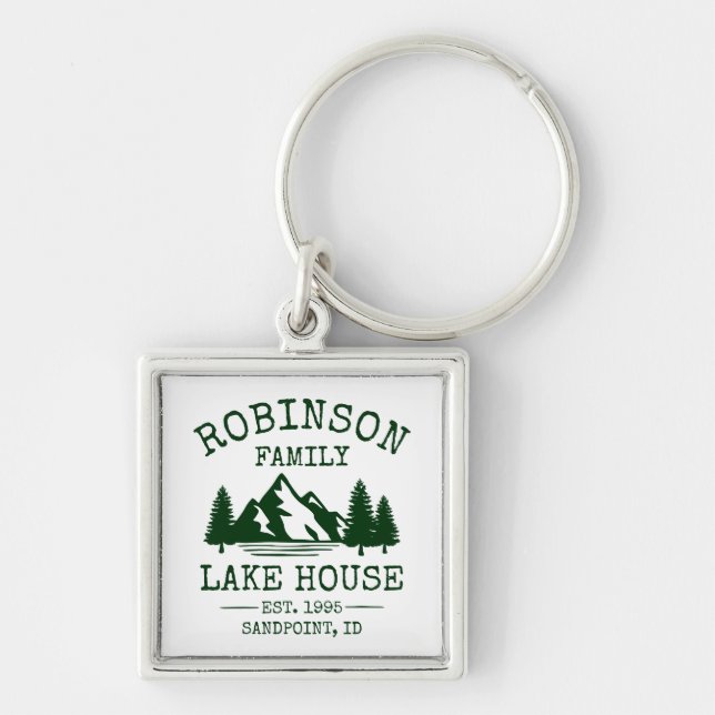 Family Name Lake House Forest Green Trees Silver Key Ring (Front)