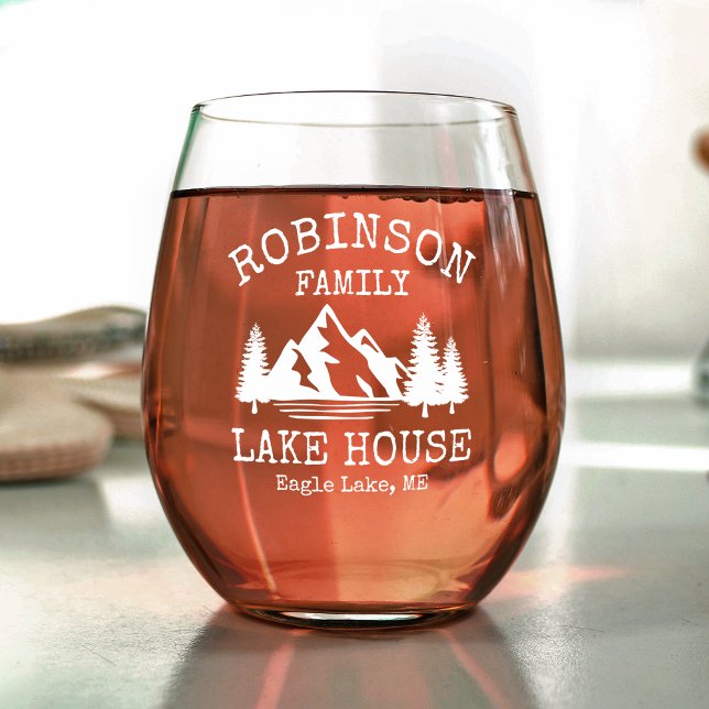 Family Name Lake House Forest Mountains Trees Stemless Wine Glass (Creator Uploaded)