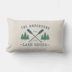 Family Name Lake House Oars Pine Trees Outdoor Lumbar Cushion