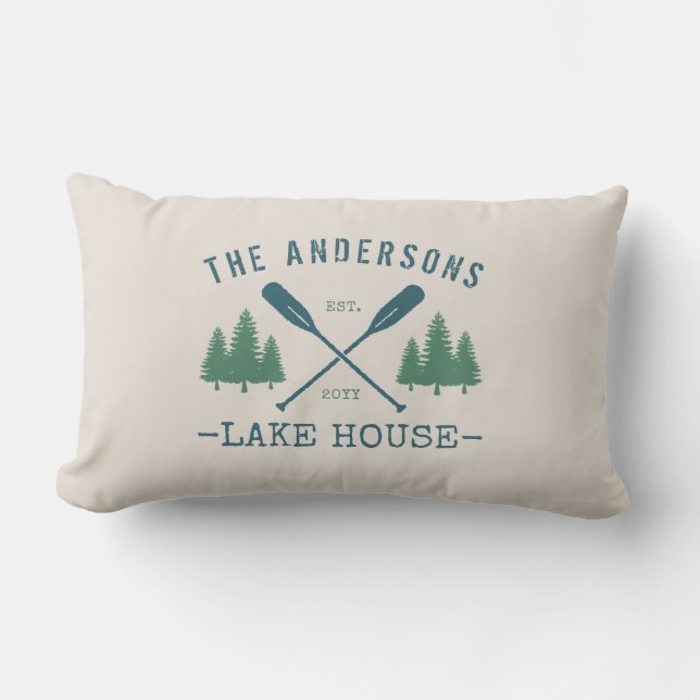 Family Name Lake House Oars Pine Trees Outdoor Lumbar Cushion (Front)