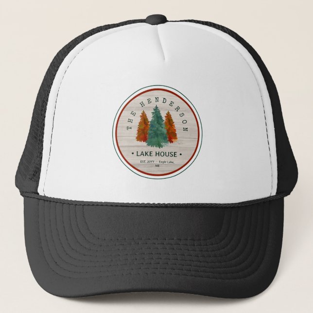 Family Name Lake House Pine Tree wood background Trucker Hat (Front)