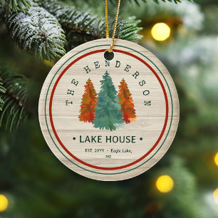 Family Name Lake House Pine Tree wood Personalised Ceramic Ornament