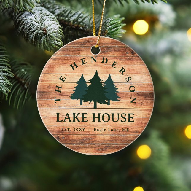 Family Name Lake House Pine Tree wood Personalised Ceramic Ornament (Creator Uploaded)
