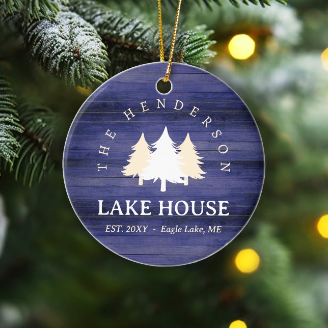 Family Name Lake House Pine Tree wood Personalised Ceramic Ornament (Creator Uploaded)