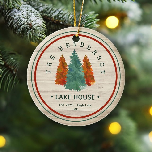 Family Name Lake House Pine Tree wood Personalised Ceramic Ornament (Creator Uploaded)