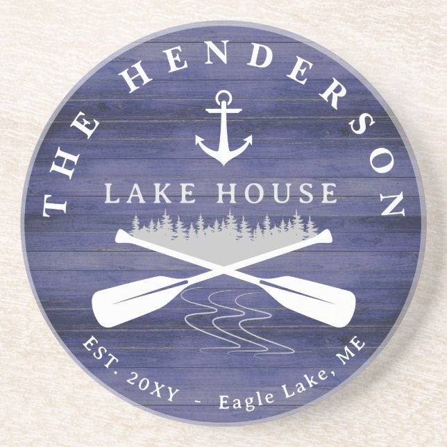 Family Name Lake House Pine Tree wood Personalised Coaster (Front)