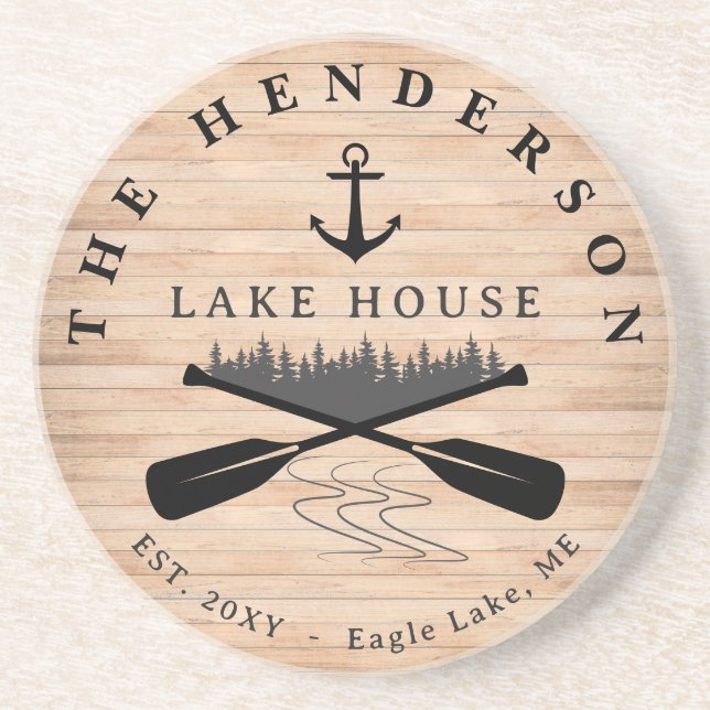 Family Name Lake House Pine Tree wood Personalised Coaster (Front)