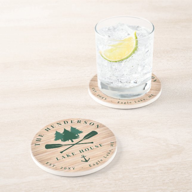 Family Name Lake House Pine Tree wood Personalised Coaster (Side)