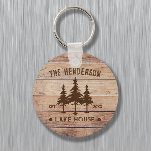 Family Name Lake House Pine Tree wood Personalised Key Ring