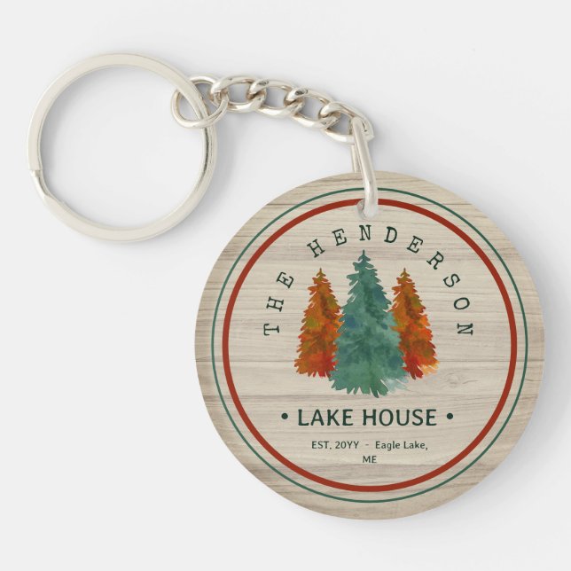 Family Name Lake House Pine Tree wood Personalised Key Ring (Front)