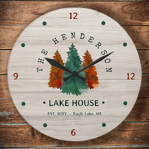 Family Name Lake House Pine Tree wood Personalised Large Clock