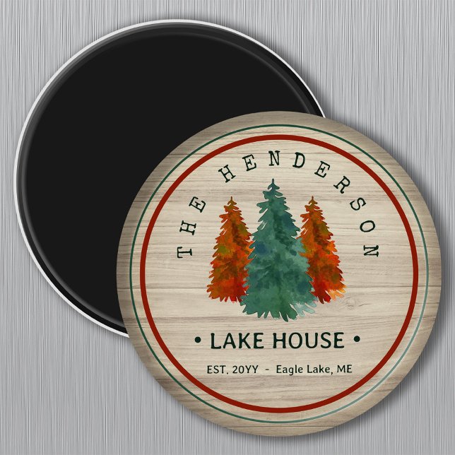 Family Name Lake House Pine Tree wood Personalised Magnet (Creator Uploaded)