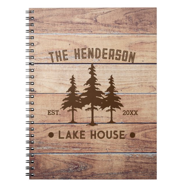 Family Name Lake House Pine Tree wood Personalised Notebook (Front)