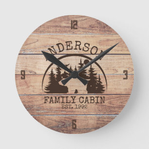 Family Name Lake House Pine Tree wood Personalised Round Clock