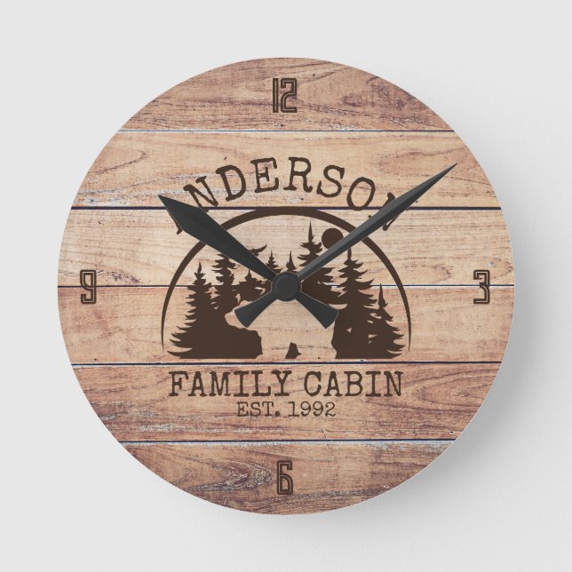 Family Name Lake House Pine Tree wood Personalised Round Clock (Front)