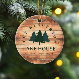 Family Name Lake House Pine Tree wood Personalized Ceramic Ornament