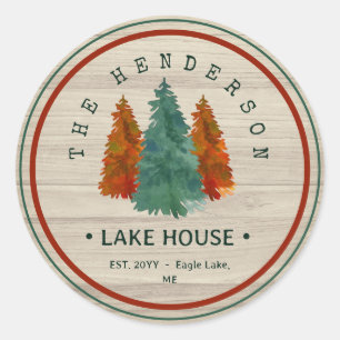 Family Name Lake House Pine Tree wood Personalized Classic Round Sticker